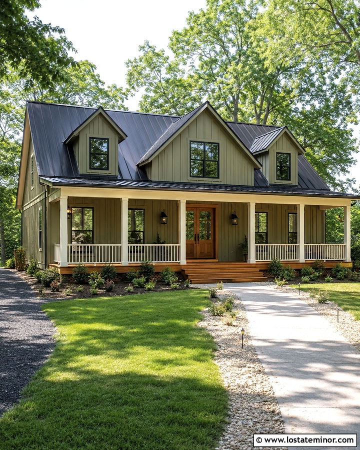 Olive Green Farmhouse With Natural Wood Porch Floor - 30 Olive Green House Design With Front Porch Ideas