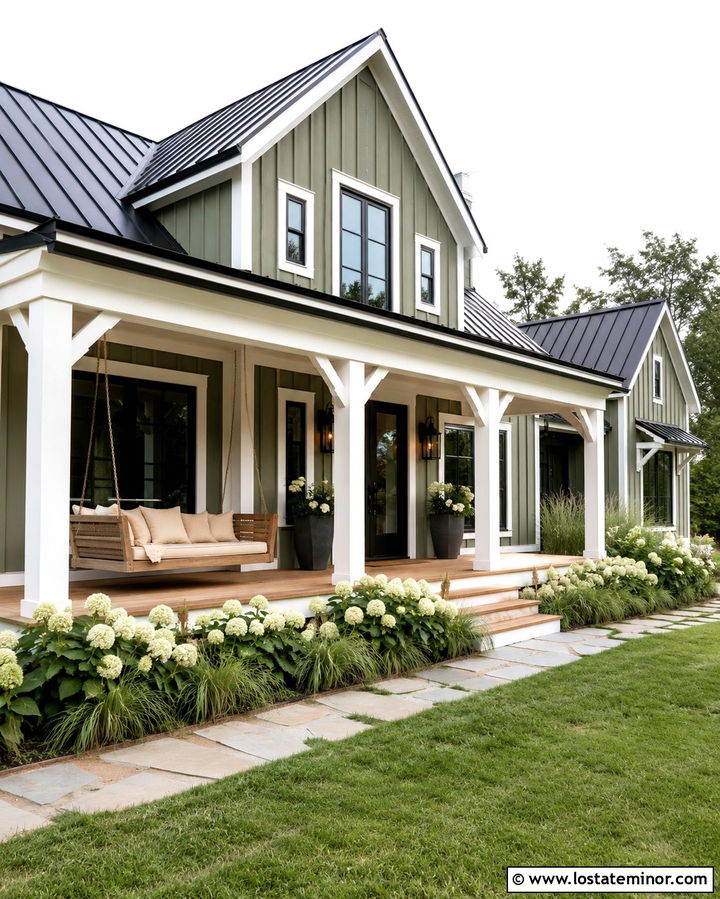 Olive Green Farmhouse With Porch Swing Daybed - 30 Olive Green House Design With Daybed Ideas