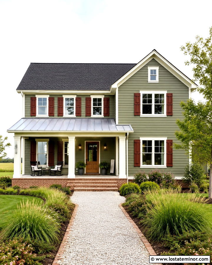 Olive Green Farmhouse With Red Shutters - 30 Olive Green House Design With Shutters Ideas