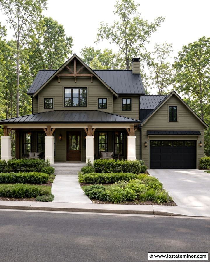 Olive Green Farmhouse With Square Porch Columns - 30 Olive Green House Design With Porch Columns Ideas