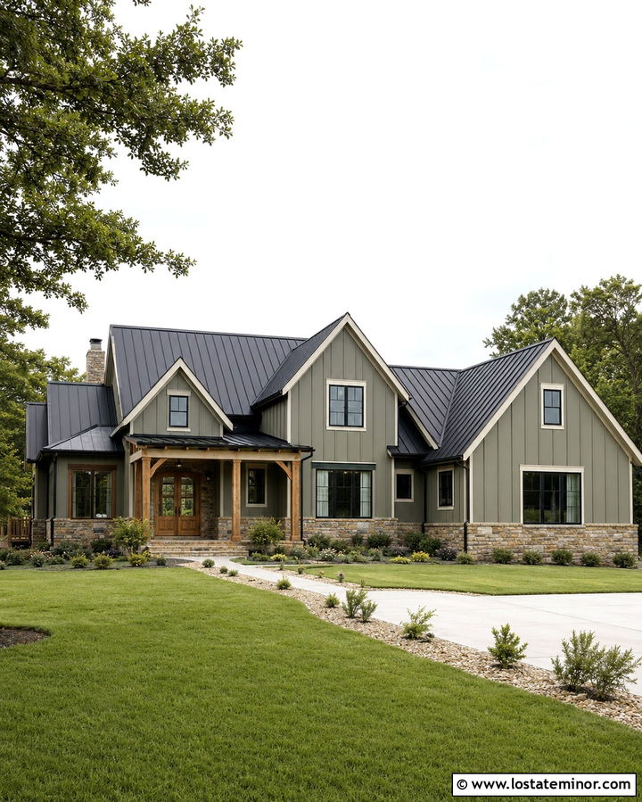 Olive Green Farmhouse With Stone Wainscoting - 30 Olive Green House Design With Stone Accents Ideas
