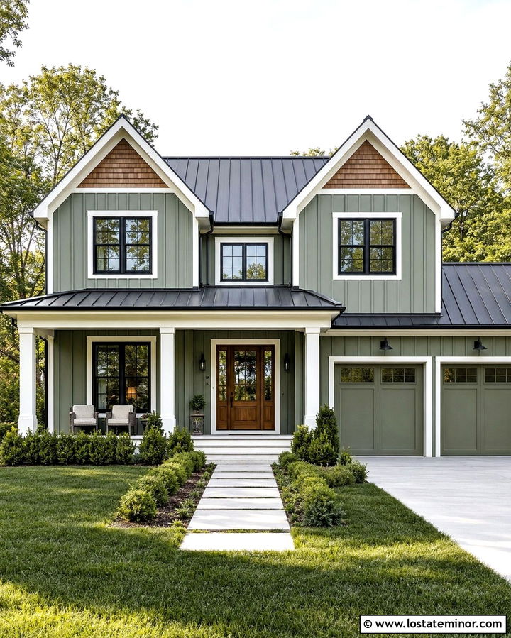 Olive Green Farmhouse With Twin Gables - 30 Olive Green House Design With Gables Ideas