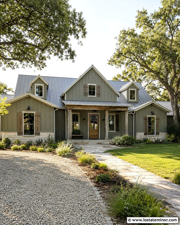 Olive Green Farmhouse With Weathered Wood Shutters - 30 Olive Green House Design With Shutters Ideas