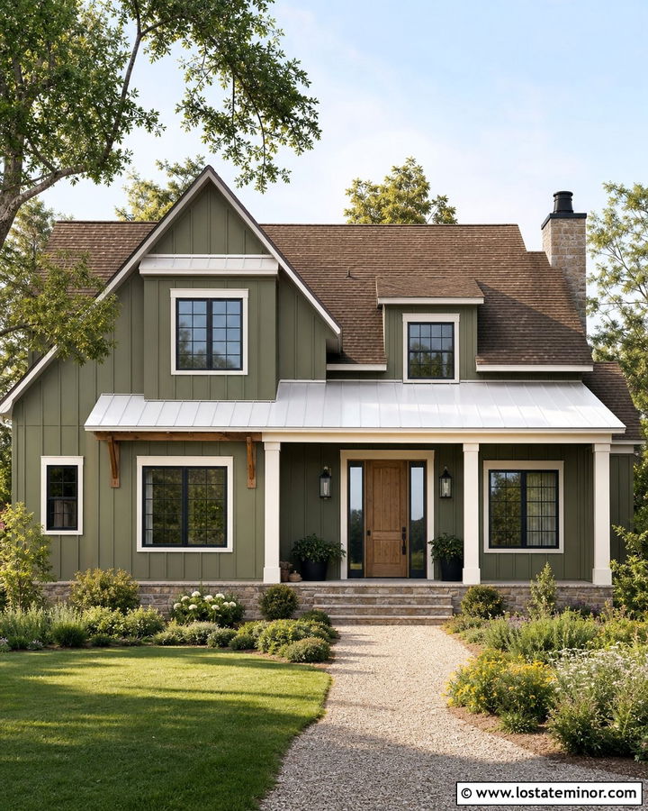 Olive Green Farmhouse With White Door Awning - 30 Olive Green House Design With Awning Ideas