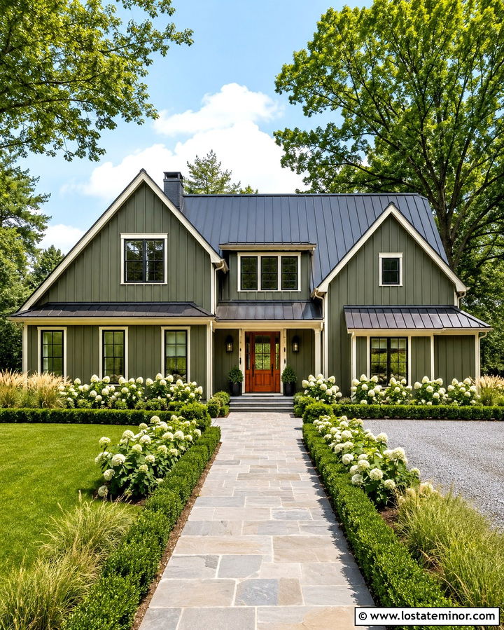 Olive Green Farmhouse With White Hydrangeas - 30 Olive Green House Design With Landscaping Ideas