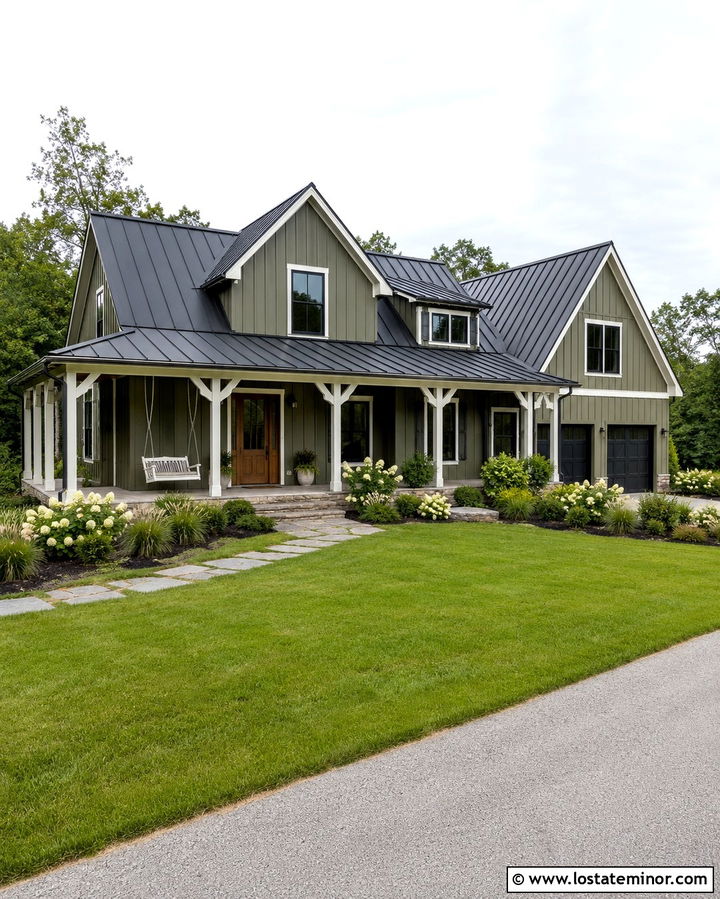 Olive Green Farmhouse With White Porch Swing - 30 Olive Green House Design With Swing Ideas