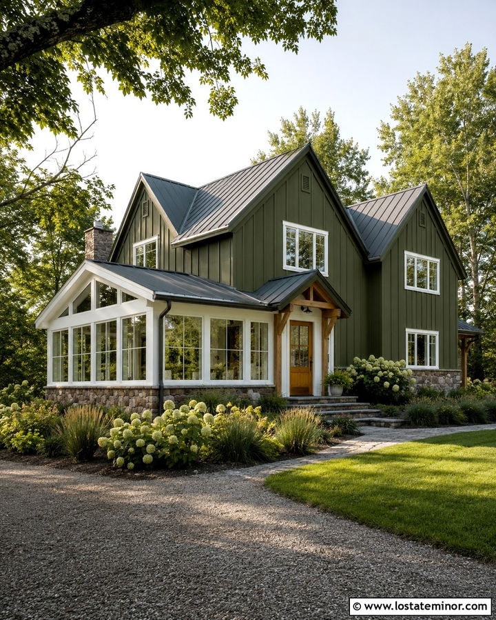 Olive Green Farmhouse With White Sunroom - 30 Olive Green House Design With Sunroom Ideas