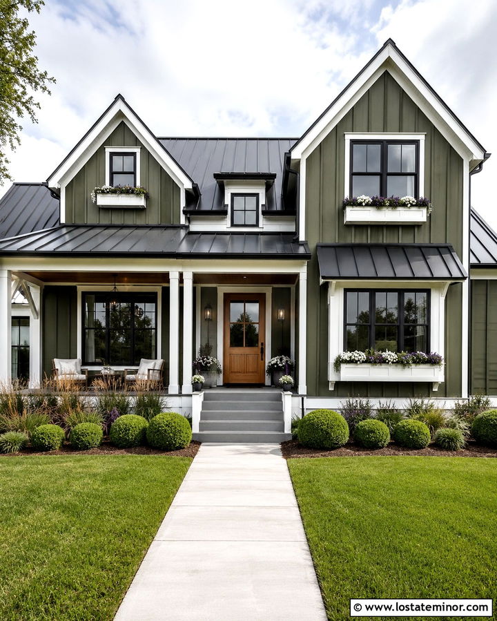 Olive Green Farmhouse With White Window Boxes - 30 Olive Green House Design With Window Boxes Ideas