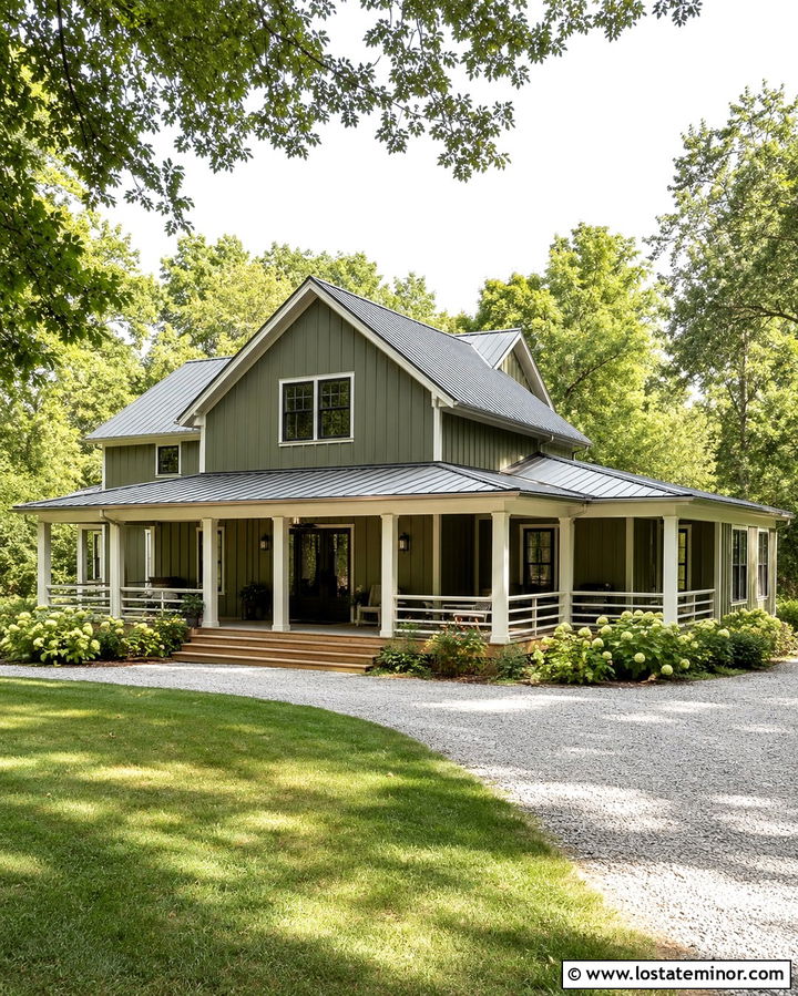Olive Green Farmhouse With Wraparound Deck - 30 Olive Green House Design With Deck Ideas