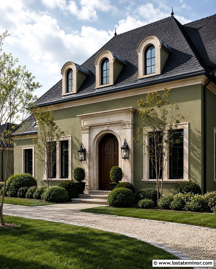 Olive Green French Country House With Arched Dormers - 30 Olive Green House Design With Dormers Ideas