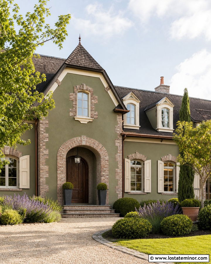 Olive Green French Country House With Brick Quoins - 30 Olive Green House Design With Brick Accents Ideas