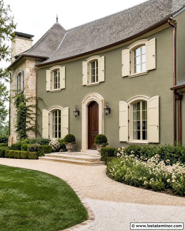 Olive Green French Country House With Cream Shutters - 30 Olive Green House Design With Shutters Ideas