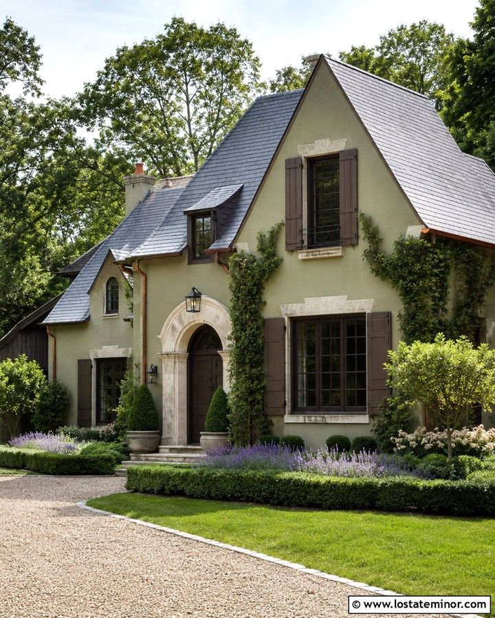 Olive Green French Country House With Dark Brown Windows - 30 Olive Green House Design With Window Frames Ideas