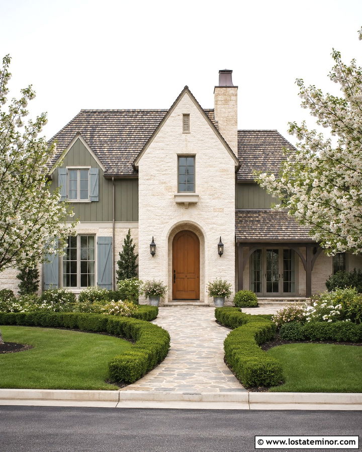 Olive Green French Country House With Limestone - 30 Olive Green House Design With Stone Accents Ideas
