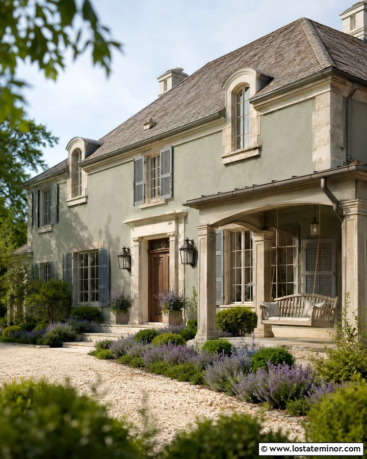 Olive Green French Country House With Swing - 30 Olive Green House Design With Swing Ideas