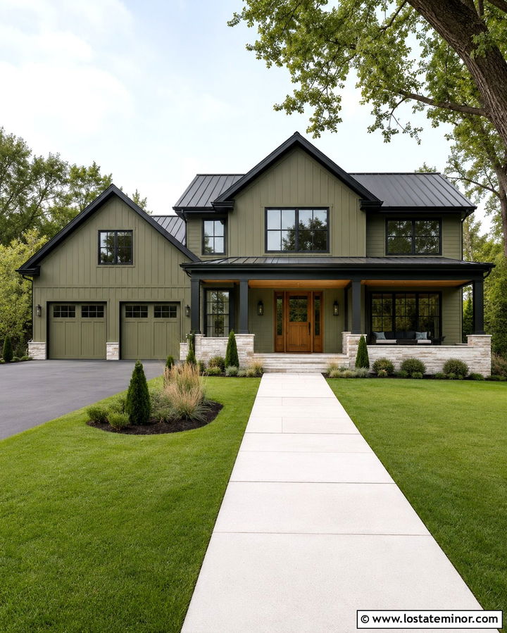 Olive Green Gable House With Black Trim - 30 Olive Green House Design With Gables Ideas