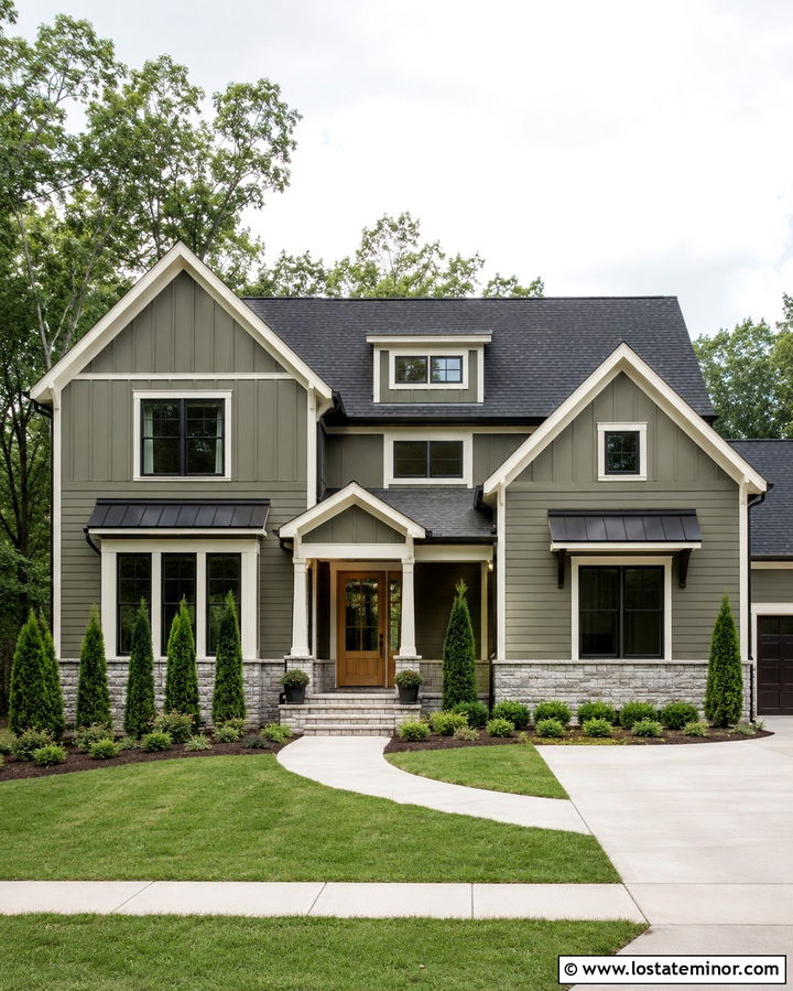 Olive Green Gable House With Charcoal Roof - 30 Olive Green House Design With Gables Ideas