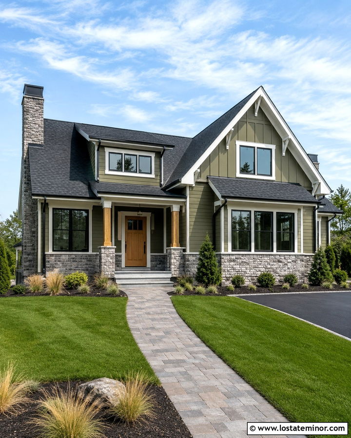 Olive Green Gable House With Gray Stone - 30 Olive Green House Design With Gables Ideas