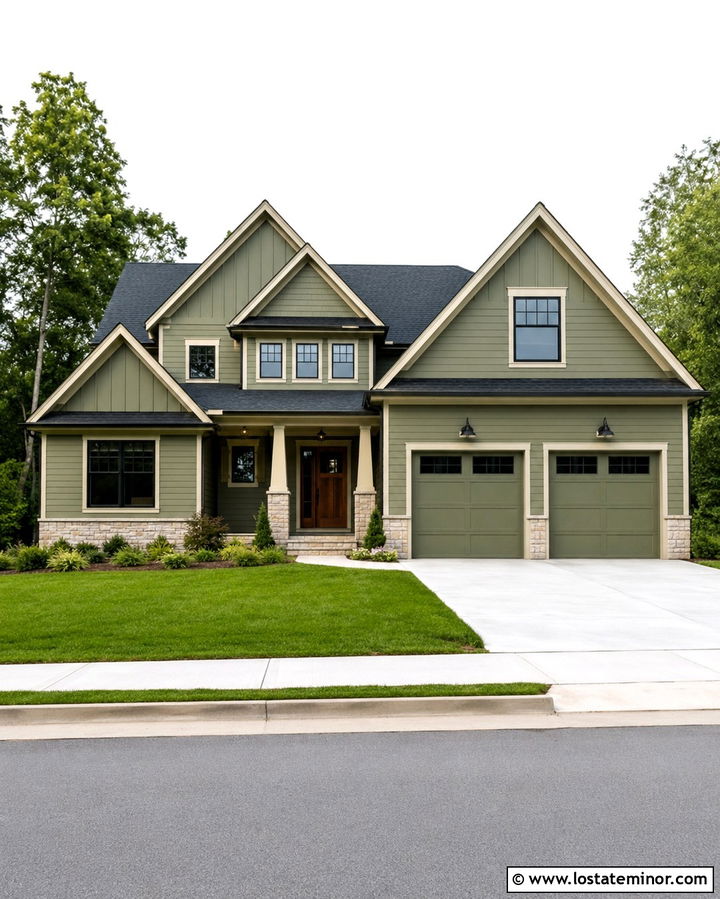 Olive Green Gable House With Matching Garage - 30 Olive Green House Design With Gables Ideas