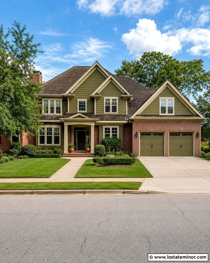 Olive Green Gable House With Red Brick - 30 Olive Green House Design With Gables Ideas