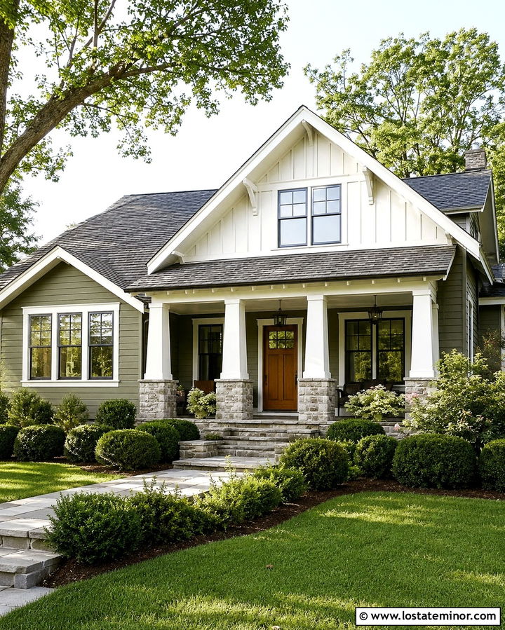 Olive Green Gable House With White Trim - 30 Olive Green House Design With Gables Ideas