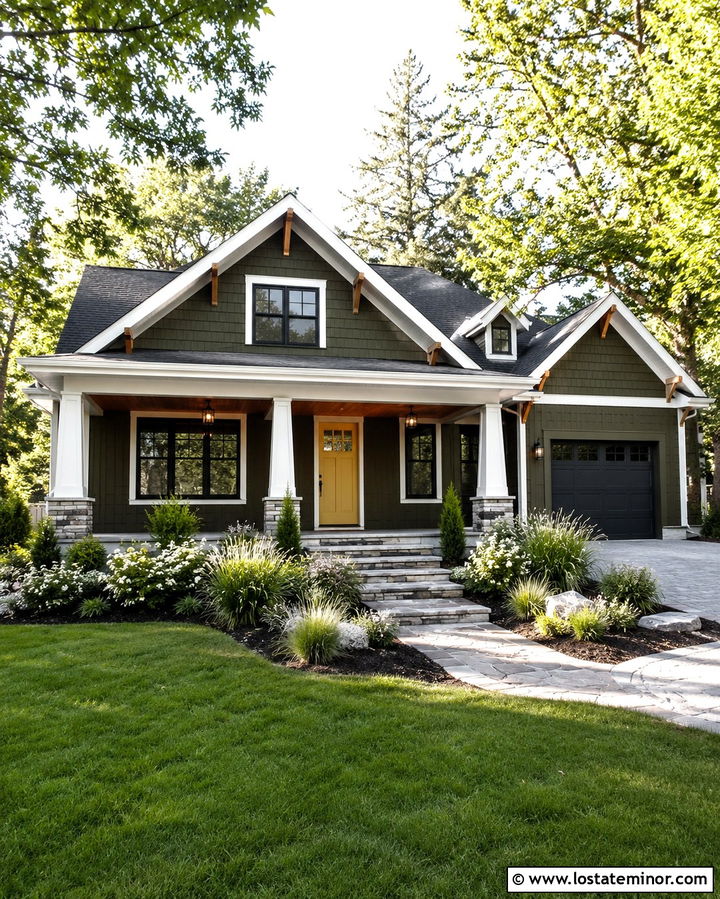 Olive Green Gable House With Yellow Door - 30 Olive Green House Design With Gables Ideas