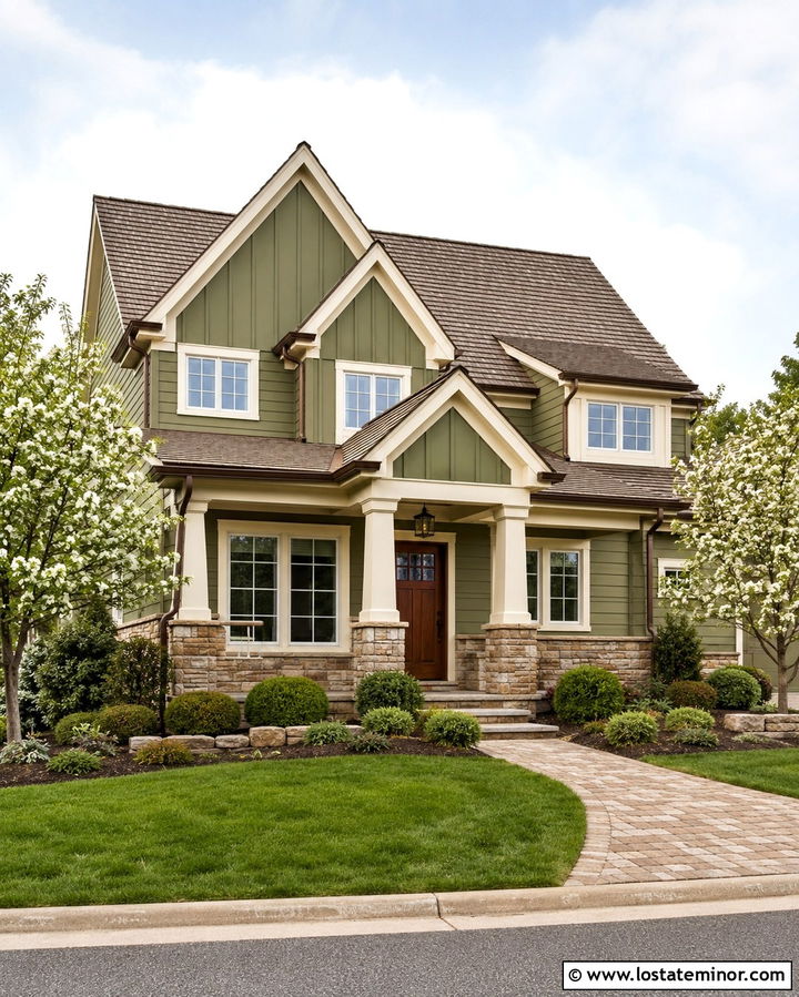 Olive Green Gabled House With Cream Trim - 30 Olive Green House Design With Gables Ideas