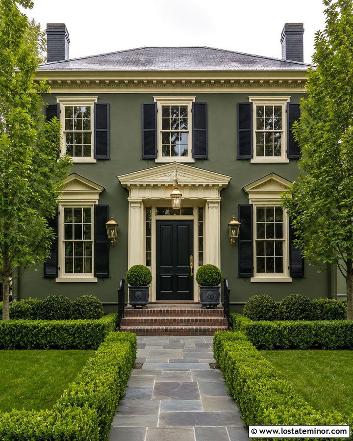 Olive Green Georgian House With Antique Brass Lanterns - 30 Olive Green House Design With Light Fixtures Ideas