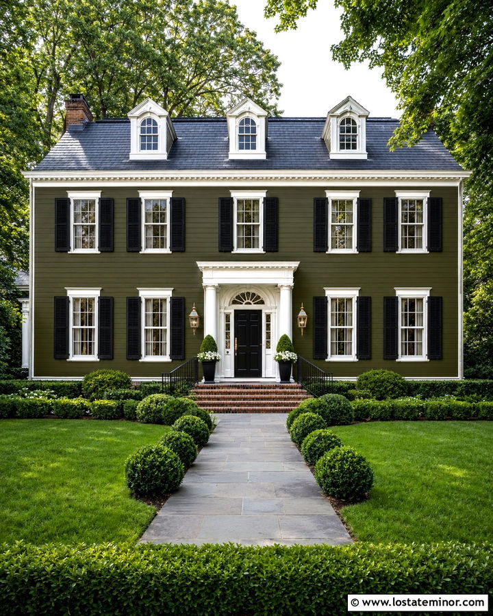 Olive Green Georgian House With Black Louvered Shutters - 30 Olive Green House Design With Shutters Ideas