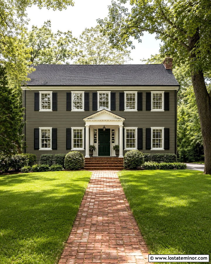 Olive Green Georgian House With Brick Front Porch - 30 Olive Green House Design With Front Porch Ideas