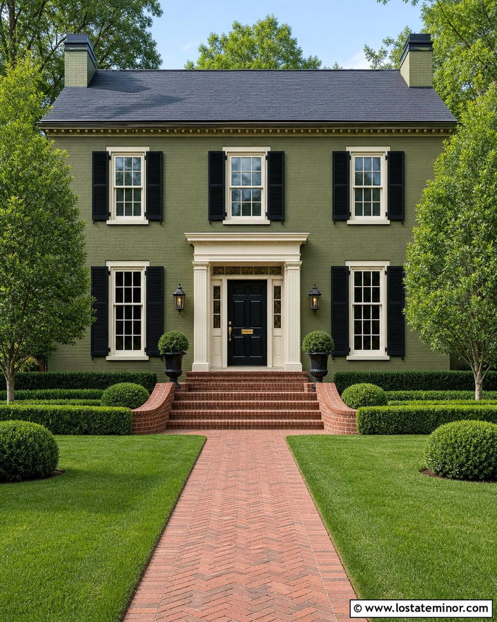 Olive Green Georgian House With Brick Steps - 30 Olive Green House Design With Brick Accents Ideas