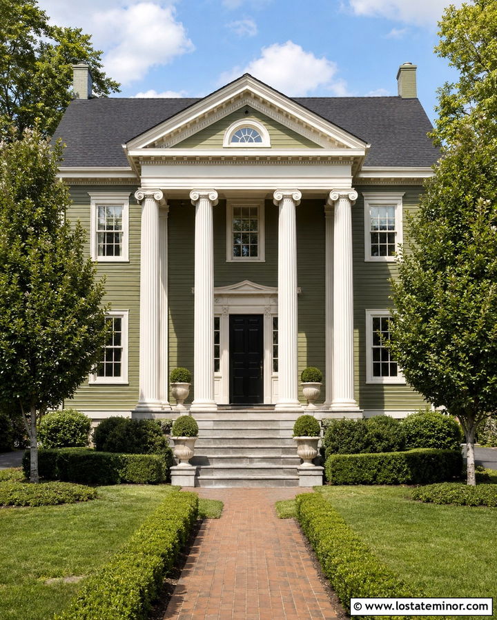 Olive Green Greek Revival House With Columned Portico - 30 Olive Green House Design With Portico Ideas