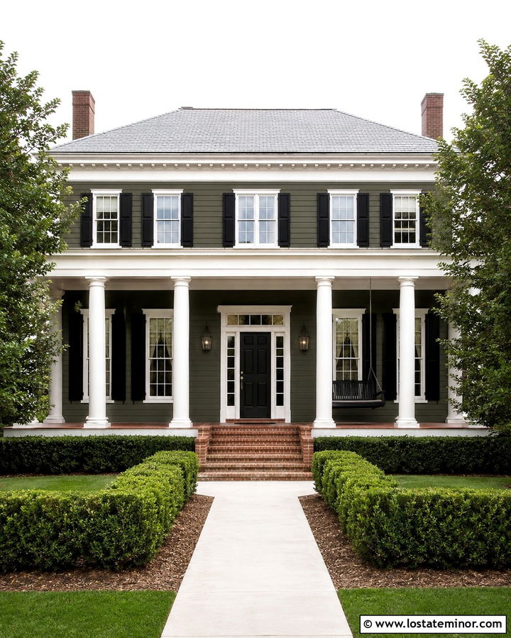 Olive Green Greek Revival With Black Swing - 30 Olive Green House Design With Swing Ideas