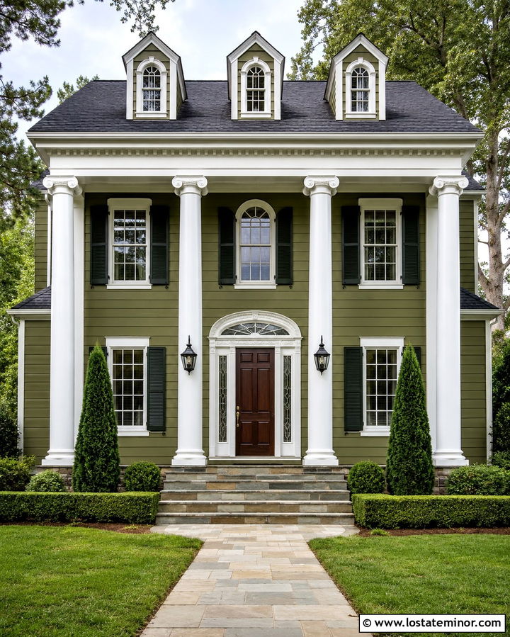 Olive Green Greek Revival With Gabled Dormers - 30 Olive Green House Design With Dormers Ideas