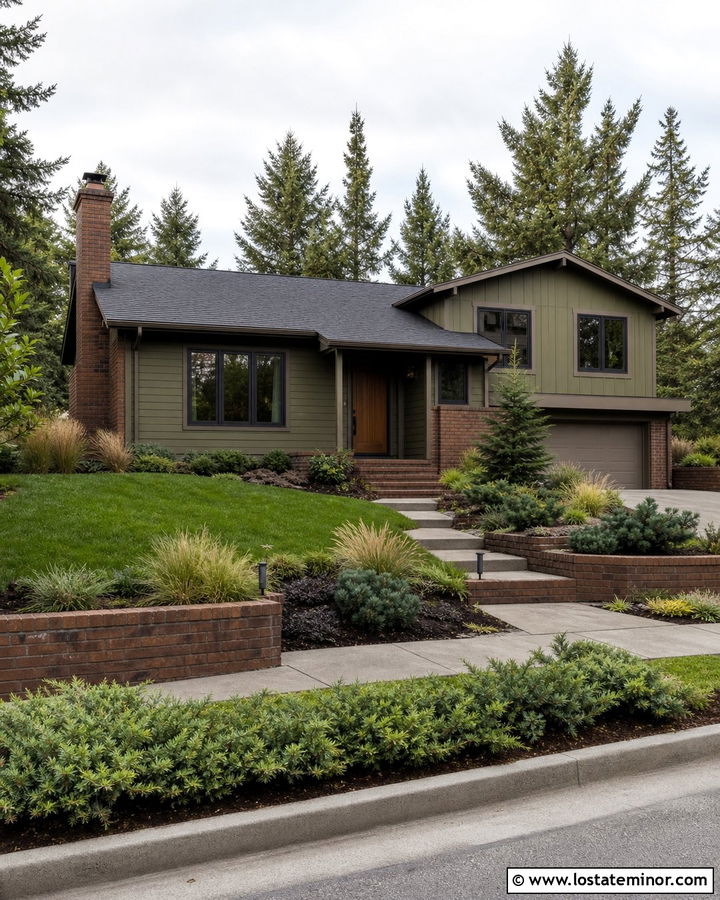 Olive Green Hillside House With Brick Retaining Walls - 30 Olive Green House Design With Brick Accents Ideas