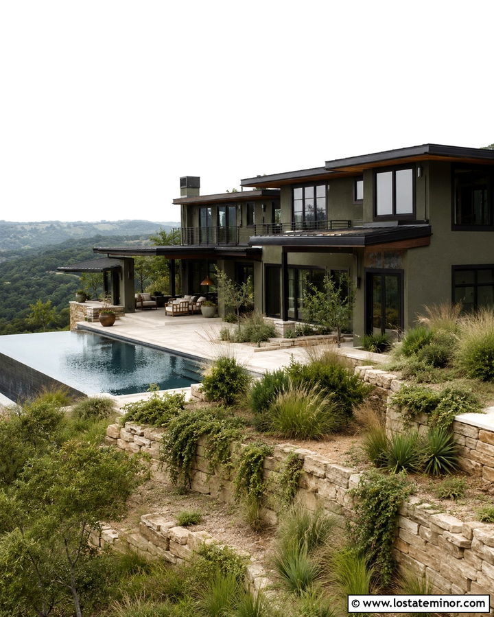 Olive Green Hillside House With Infinity Pool - 30 Olive Green House Design With Swimming Pool Ideas