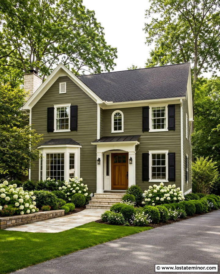Olive Green Horizontal Siding With White Trim - 30 Olive Green House Design With Siding Ideas