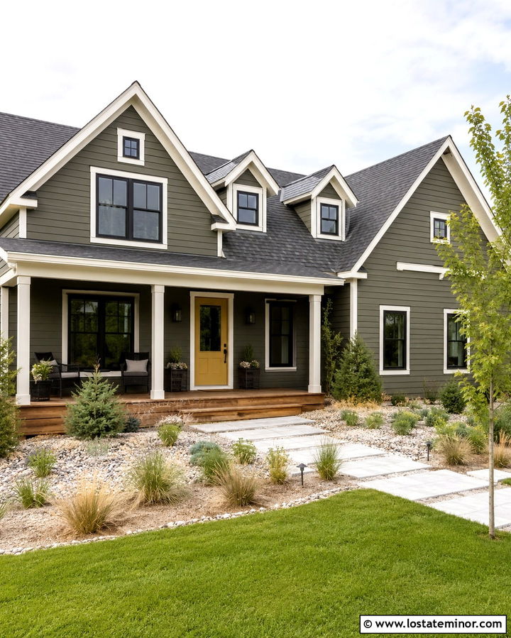 Olive Green House With A Mustard Door And Dormers - 30 Olive Green House Design With Dormers Ideas