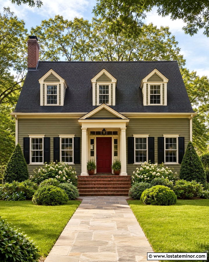 Olive Green House With A Red Door And Dormers - 30 Olive Green House Design With Dormers Ideas