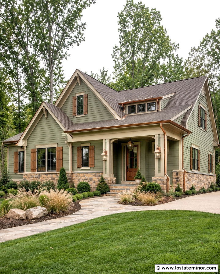 Olive Green House With Aged Copper Lights - 30 Olive Green House Design With Light Fixtures Ideas