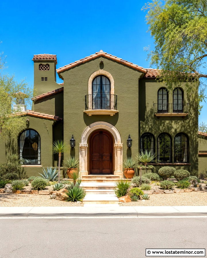 Olive Green House With Arched Entry Door - 30 Olive Green House Design With Entry Door Ideas