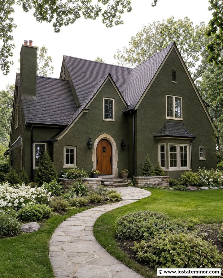 Olive Green House With Arched Wood Front Door - 30 Olive Green House Design With Front Door Ideas