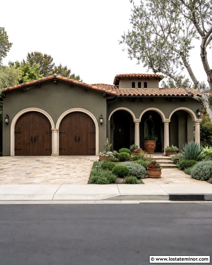 Olive Green House With Arched Wood Garage Door - 30 Olive Green House Design With Garage Door Ideas