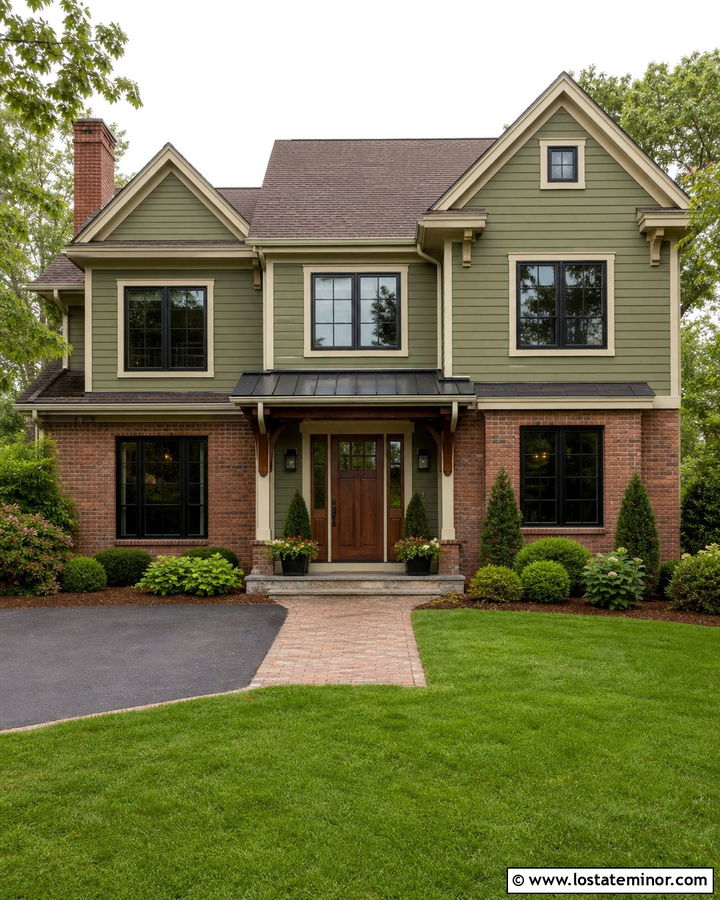 Olive Green House With Awning And Red Brick - 30 Olive Green House Design With Awning Ideas