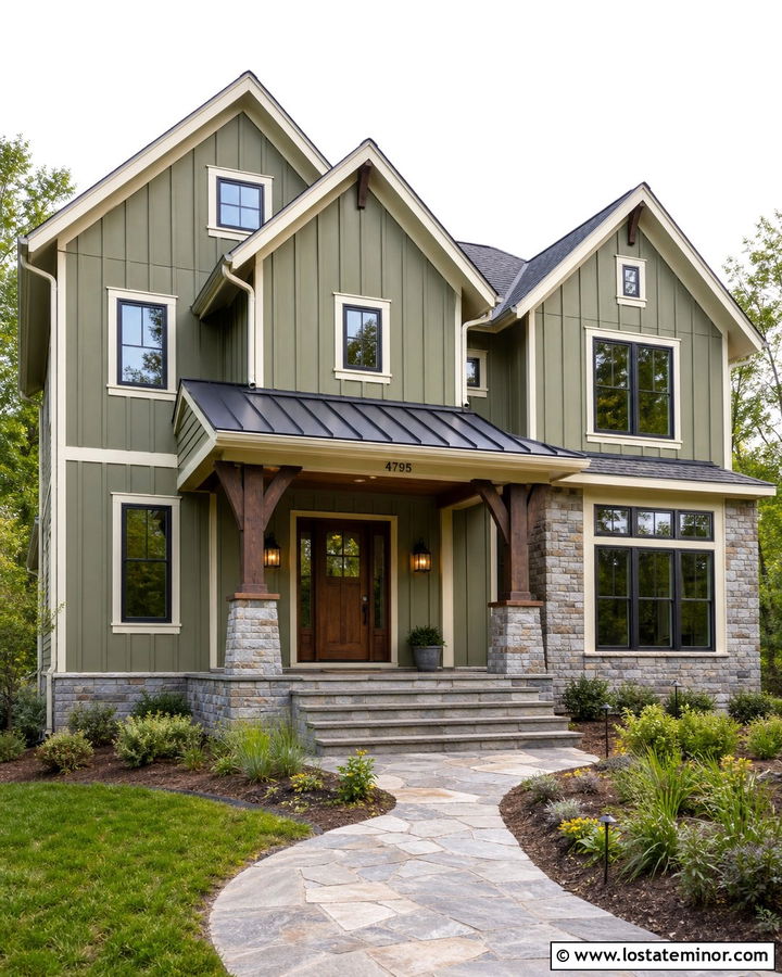 Olive Green House With Awning And Stone Porch - 30 Olive Green House Design With Awning Ideas
