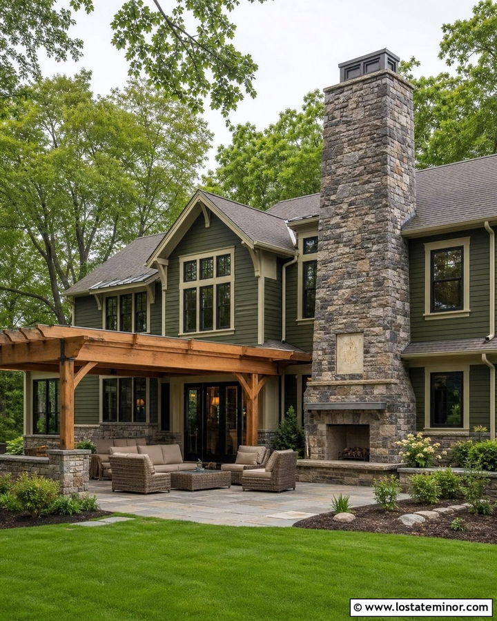 Olive Green House With Backyard Fireplace - 30 Olive Green House Design With Backyard Ideas