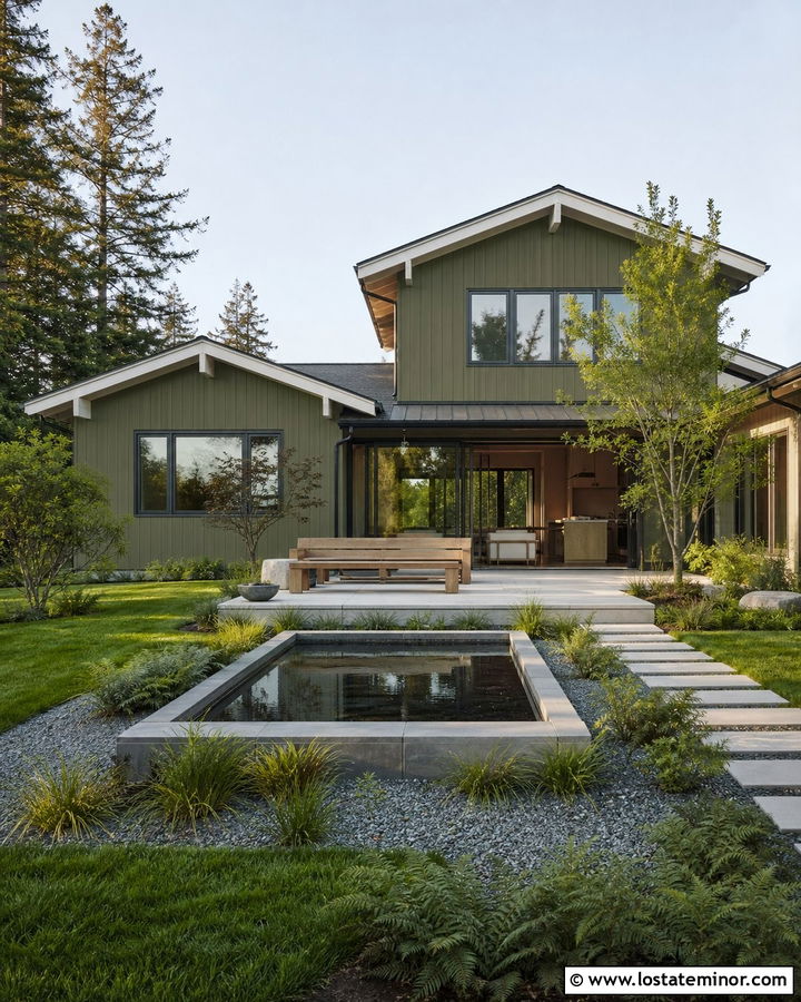 Olive Green House With Backyard Water Feature - 30 Olive Green House Design With Backyard Ideas