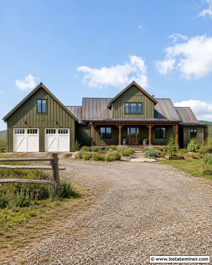 Olive Green House With Barn Garage Door - 30 Olive Green House Design With Garage Door Ideas