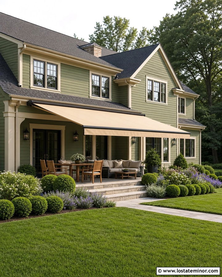 Olive Green House With Beige Patio Awning - 30 Olive Green House Design With Awning Ideas
