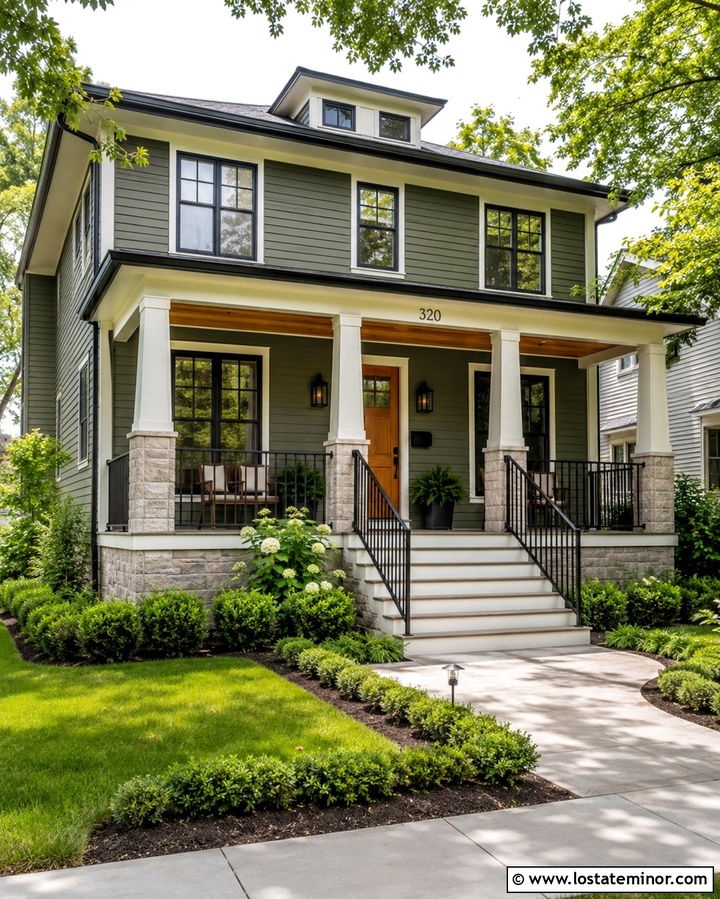 Olive Green House With Black Aluminum Railings - 30 Olive Green House Design With Railings Ideas